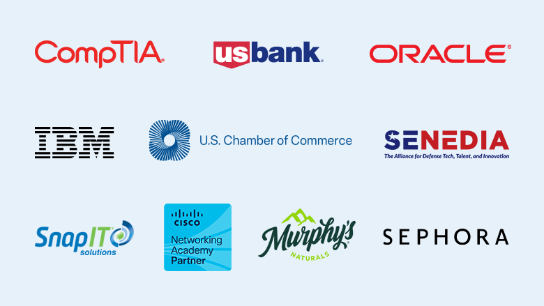 Logos for CompTIA, SnapIT, Oracle, IBM, Cisco, Murphy's Naturals, Senedia, U.S. Bank, U.S. Chamber of Commerce, Sephora