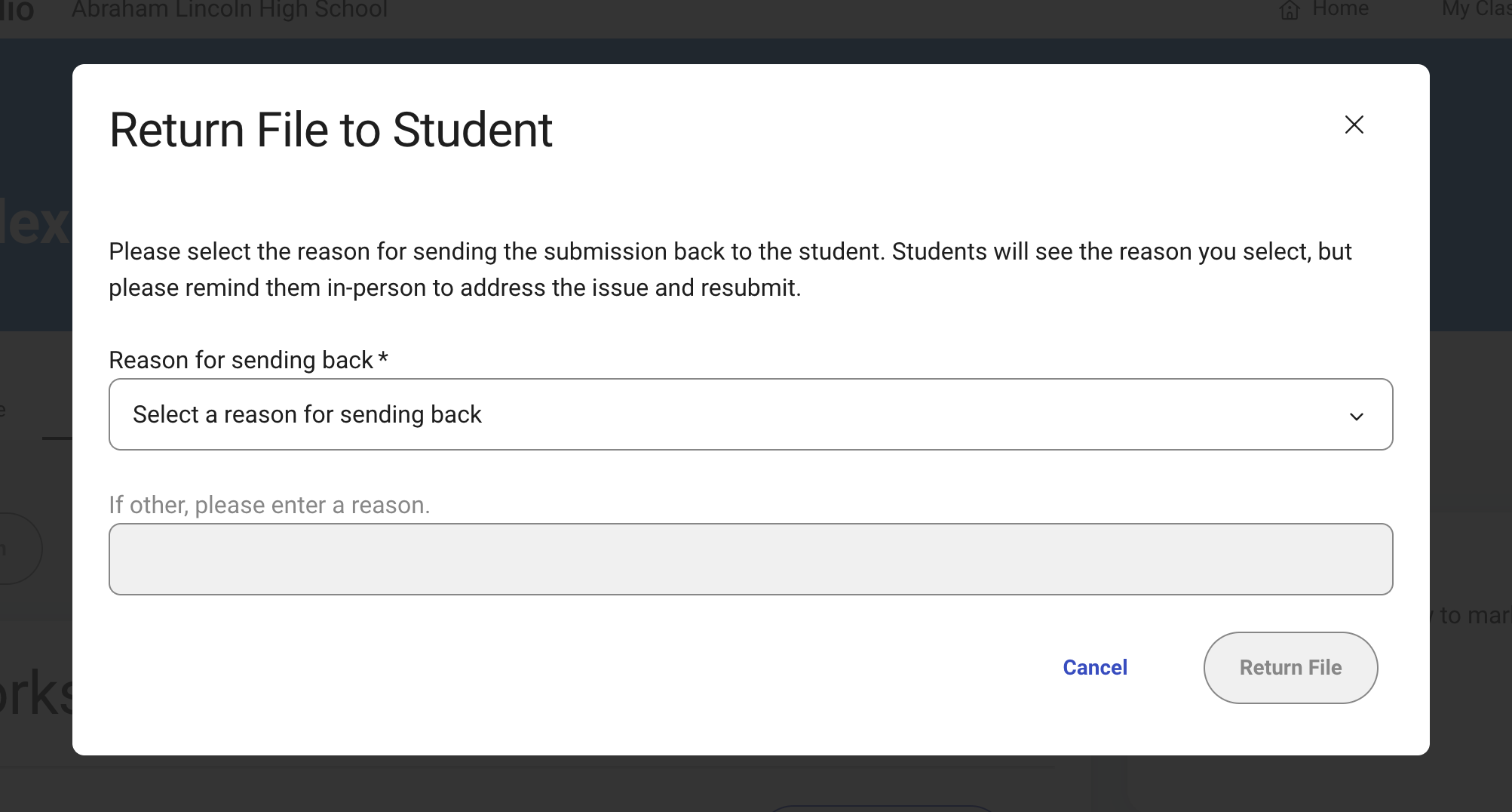 Screenshot of the Return File to Student popup window in the AP Digital Portfolio