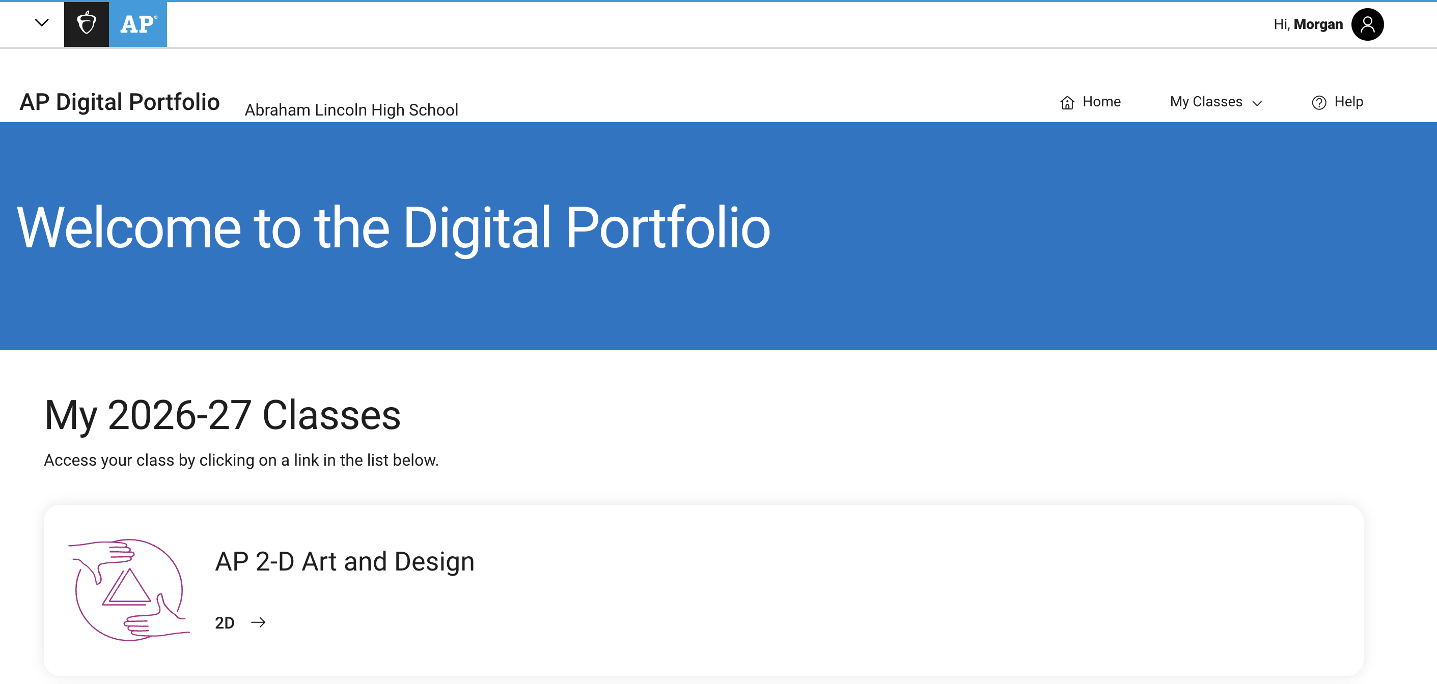 Screenshot of a teacher's AP Digital Portfolio home page showing their AP Art and Design class.
