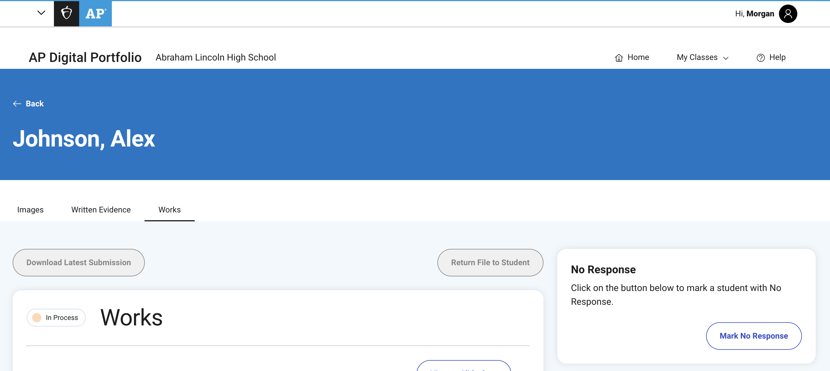 Screenshot of a student’s AP Art and Design portfolio component displaying an In Process status