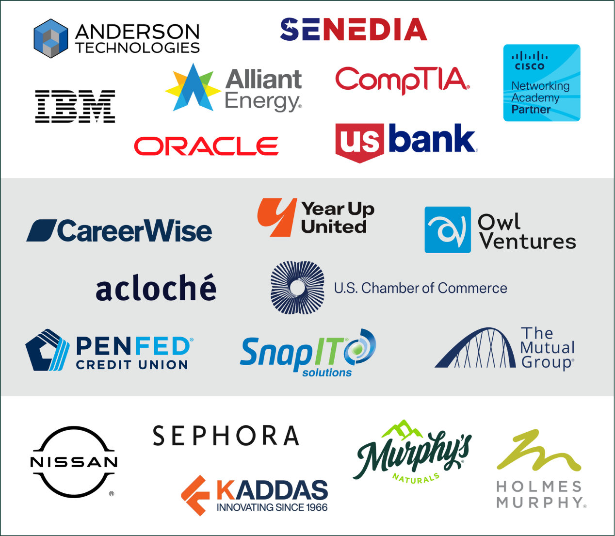 AP Cybersecurity Credential Partners:  Alliant Energy, Anderson Technologies, Cisco, CompTIA, IBM, Oracle, SENEDIA, U.S. Bank  Cross-Credential Partners: CareerWise, U.S. Chamber of Commerce, Year Up United, Acloché, Owl Ventures, PenFed Credit Union, SnapIT Solutions, The Mutual Group    AP Business with Personal Finance Credential Partners: Holmes Murphy, Kaddas, Murphy’s Naturals, Nissan, Sephora