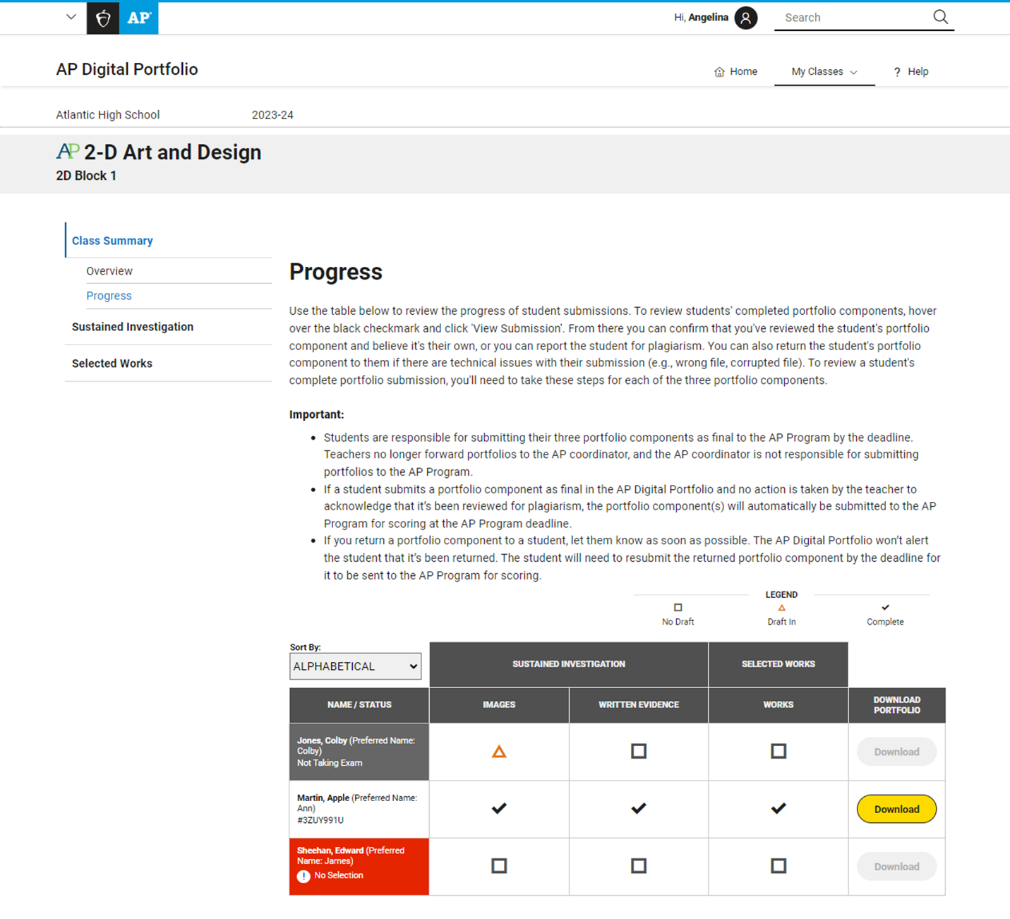 Teacher Progress Page